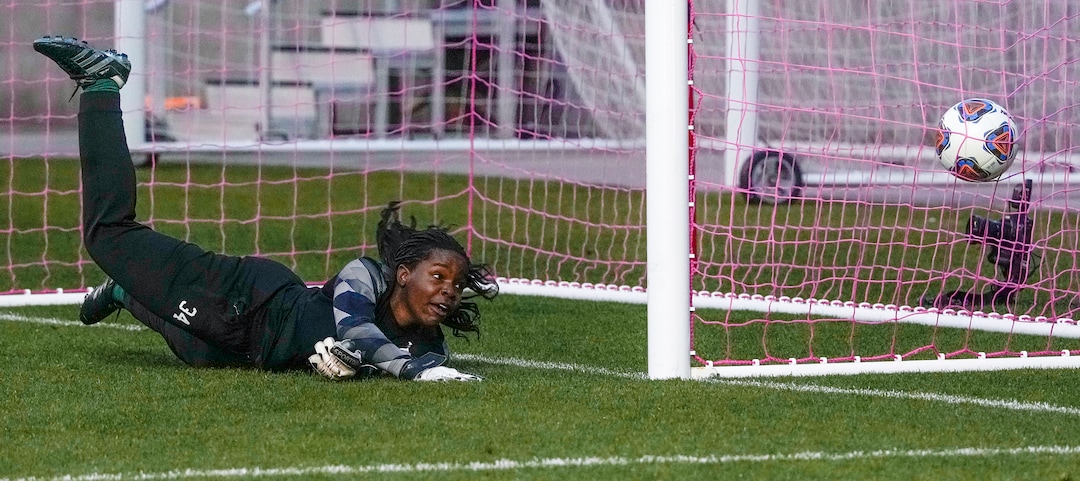 (Leah Hogsten | The Salt Lake Tribune)  RHSM's goalie Micha Nenbee can't stop the penalty kick from Waterford's Seven Castain. Waterford School defeated Rowland Hall-St. Marks High School, 4-3 to win the 2A State Soccer Championship game Oct. 23, 2021 at Rio Tinto Stadium.