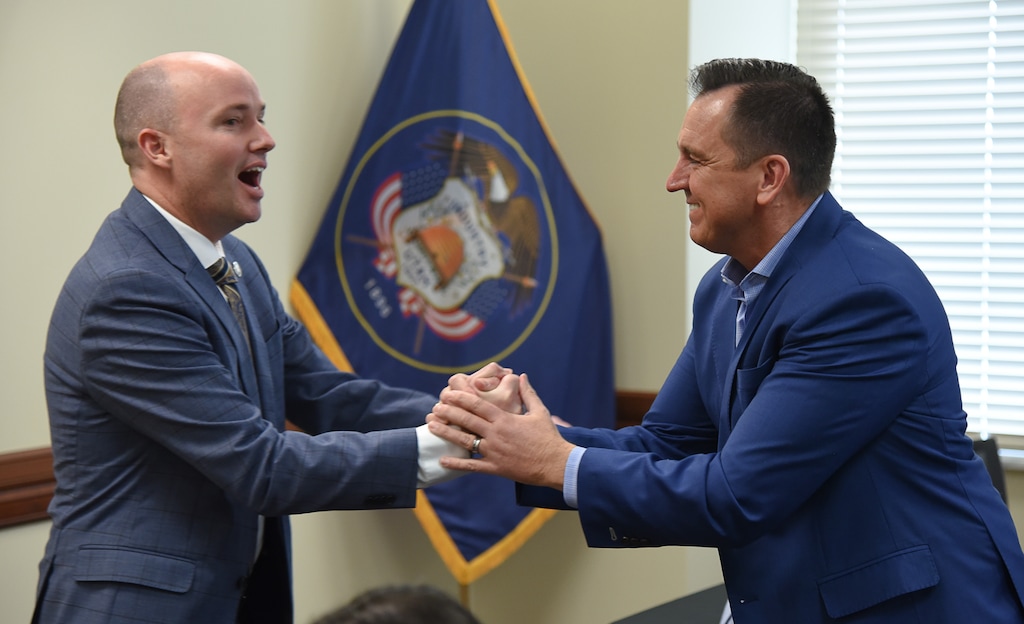 (Francisco Kjolseth | Tribune file photo) Gubernatorial candidates Lt. Gov. Spencer Cox, left, greets former Utah House Speaker Greg Hughes as they are invited by the Professional Republican Women to speak at their membership luncheon at the Capitol in Salt Lake City on Jan. 23, 2020. Cox and Hughes finished first and second in the Republican State Convention on Saturday and will appear on the June 30 ballot along with former Gov. Jon Huntsman and former Utah GOP Chairman Thomas Wright.