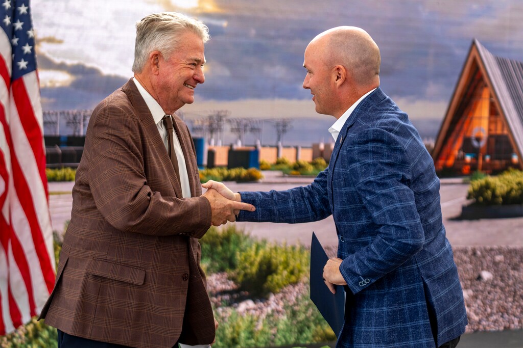 (Rick Egan | The Salt Lake Tribune) Idaho Gov. Brad Little shakes hands with Gov. Spencer Cox, during the OKLO ground breaking, in Idaho Falls on Monday, Sept. 22, 2025.