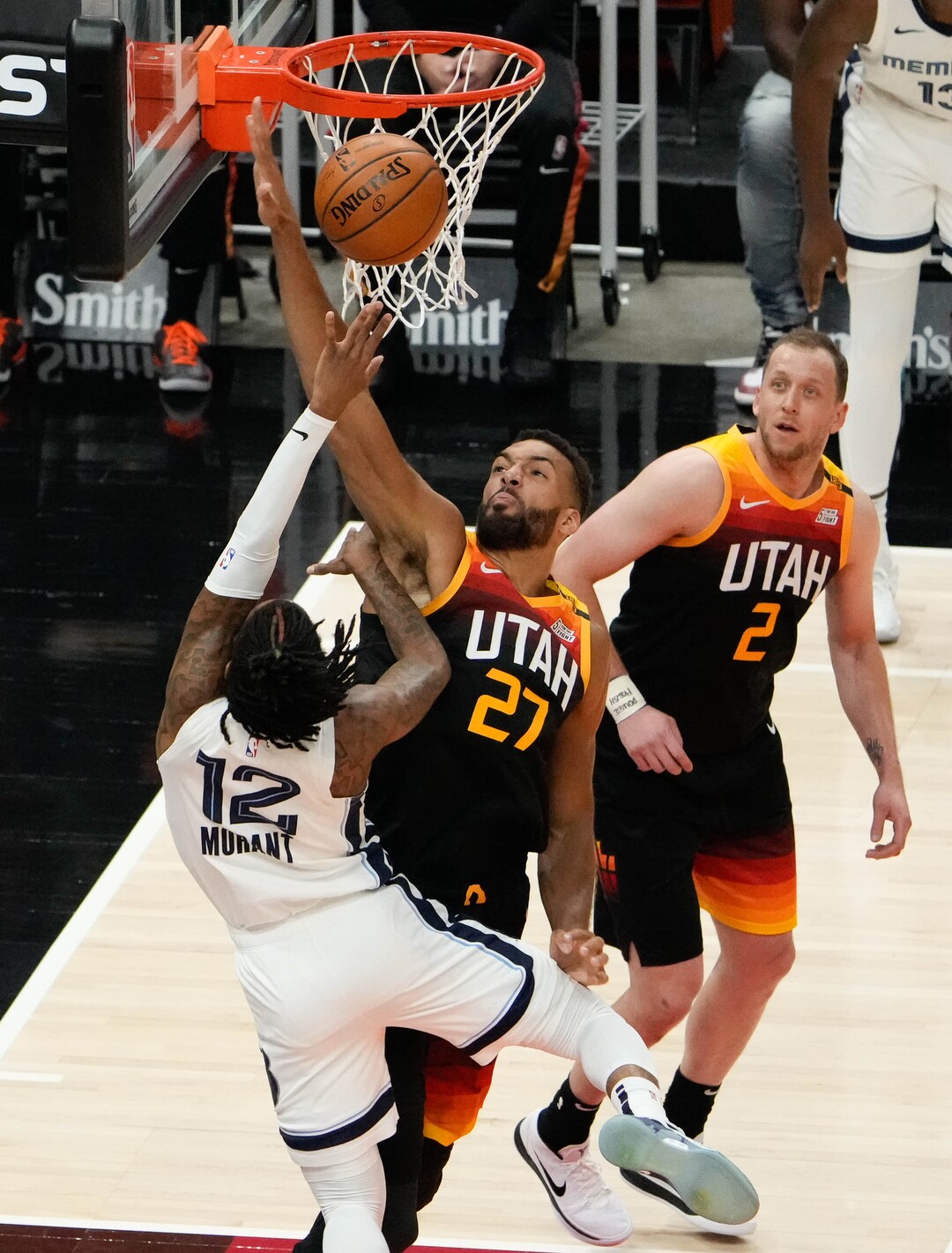 (Francisco Kjolseth | The Salt Lake Tribune) Utah Jazz center Rudy Gobert (27) tries to block Memphis Grizzlies guard Ja Morant (12) in the first half of Game 5 of an NBA basketball first-round playoff series Wednesday, June 2, 2021, in Salt Lake City, UT.