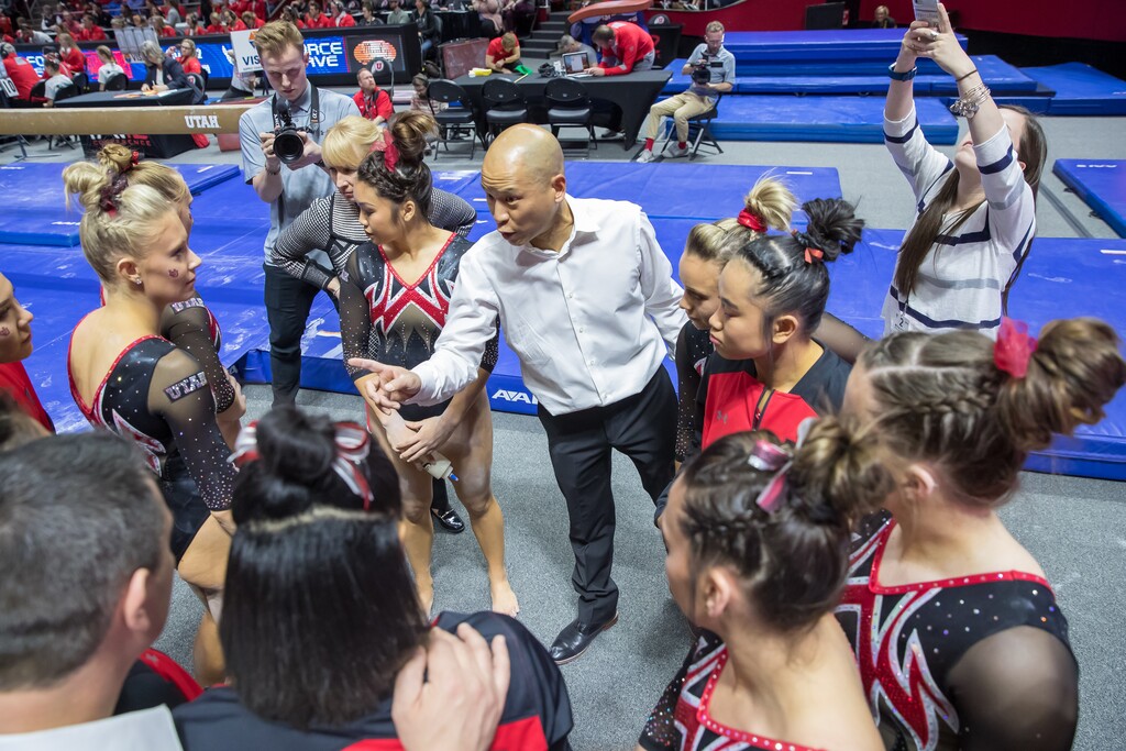 (Photo courtesy of Utah Athletics) Tom Farden exhorts his Utah gymnasts during a recent home meet at the Huntsman Center. Farden, who shared Utah gymnastics coaching duties with Megan Marsden, is the Utes' new head coach following Marsden's retirement last month. 