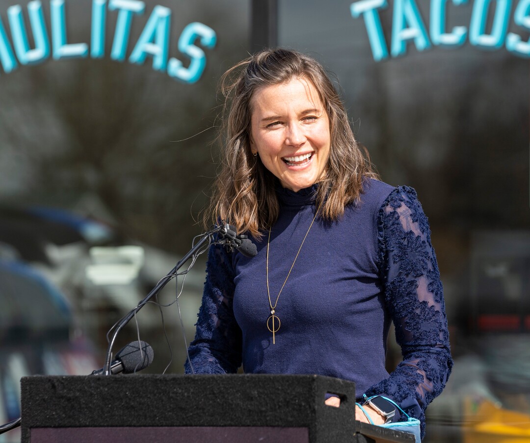 (Rick Egan | The Salt Lake Tribune) Salt Lake City Mayor Erin Mendenhall  encourages citizens to keep wearing masks, after the state mask mandate ends, during a news conference in front of  Santo Taco shop, Friday, March 19, 2021.