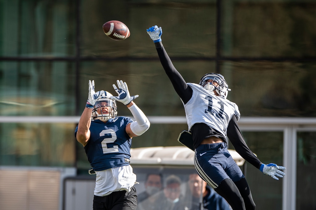 (Tyler Richardson | BYU) Wide receiver Neil Pau'u (2) participates in BYU spring football practice, Thursday, March 18, 2021.