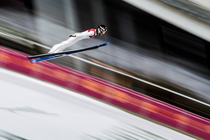 (Chris Detrick  |  The Salt Lake Tribune)  Japan's Kaori Iwabuchi competes in the Ladies' Normal Hill Individual at the Alpensia Ski Jumping during the Pyeongchang 2018 Winter Olympics Monday, February 12, 2018. Iwabuchi finished in 12th place with a score of 188.3.