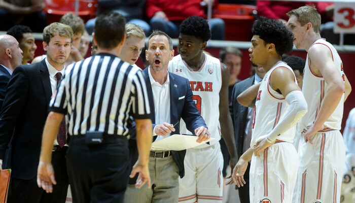 (Steve Griffin  |  The Salt Lake Tribune) University of Utah assistant head coach Tommy Connor takes over the head coaching duties after Larry Krystkowiak was ejected from the game in the second quarter during the Utes NIT basketball game against UC Davis at the Huntsman Center in Salt Lake City Wednesday March 14, 2018.
