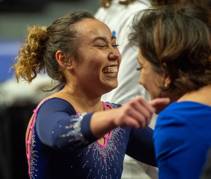 (Rick Egan  |  The Salt Lake Tribune)     Katelyn Ohashi hugs coach Valorie Kondos Field  after scoring a10 on the floor for UCLA in the PAC-12 Gymnastics Championships at the Maverik Center, Saturday, March 23, 2019.


