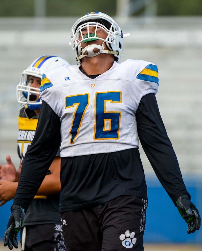 (Leah Hogsten | The Salt Lake Tribune) Orem High School football team tackle, Kingsley Suamataia, August 8, 2019.