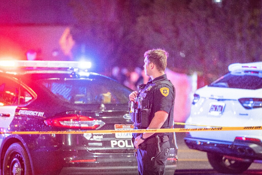 (Salt Lake City Police Department) A Salt Lake City police officer works the scene of a deadly shooting near 60 W. Market St. on Sunday, June 4, 2023. It marked one of four downtown shootings last weekend.