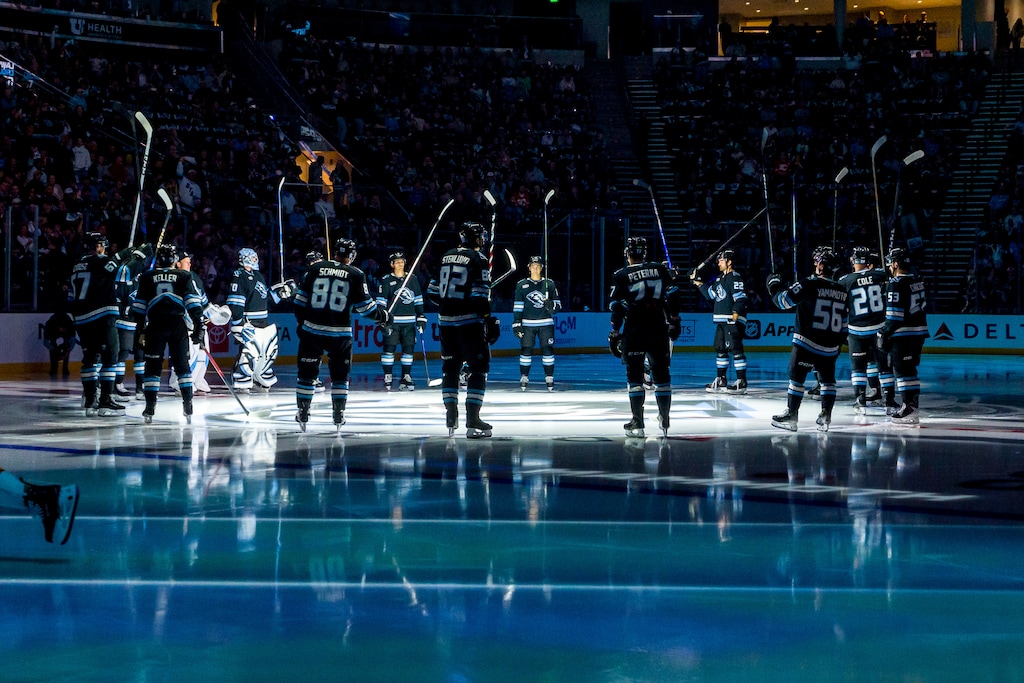 (Trent Nelson  |  The Salt Lake Tribune) The Utah Mammoth host the Calgary Flames, NHL hockey in Salt Lake City on Wednesday, Oct. 15, 2025.