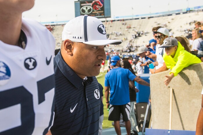 (Chris Detrick  |  The Salt Lake Tribune)   Brigham Young Cougars head coach Kalani Sitake walks off of the field after the game at LaVell Edwards Stadium Saturday Saturday, September 16, 2017. Wisconsin Badgers defeated Brigham Young Cougars 40-6.