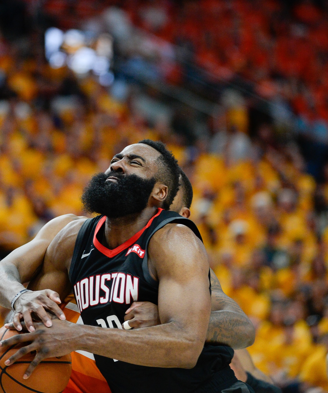 (Francisco Kjolseth  |  The Salt Lake Tribune)  Houston Rockets guard James Harden (13) is fouled by Utah Jazz forward Royce O'Neale (23) in Game 3 of a first-round NBA basketball playoff series in Salt Lake City, Saturday, April 20, 2019.
