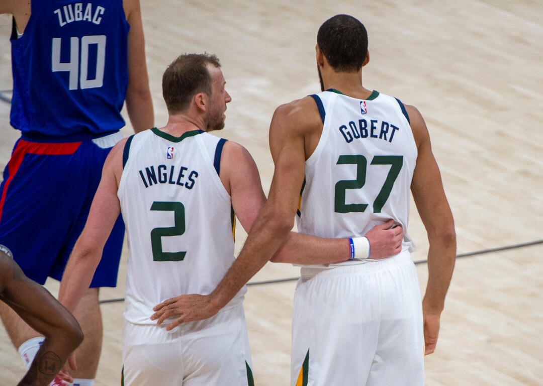 (Rick Egan | The Salt Lake Tribune) Utah Jazz forward Joe Ingles (2) talks with Utah Jazz center Rudy Gobert (27) during a break in the action, in NBA action between the Utah Jazz and the LA Clippers at Vivint Arena, on Friday, Jan. 1, 2021.