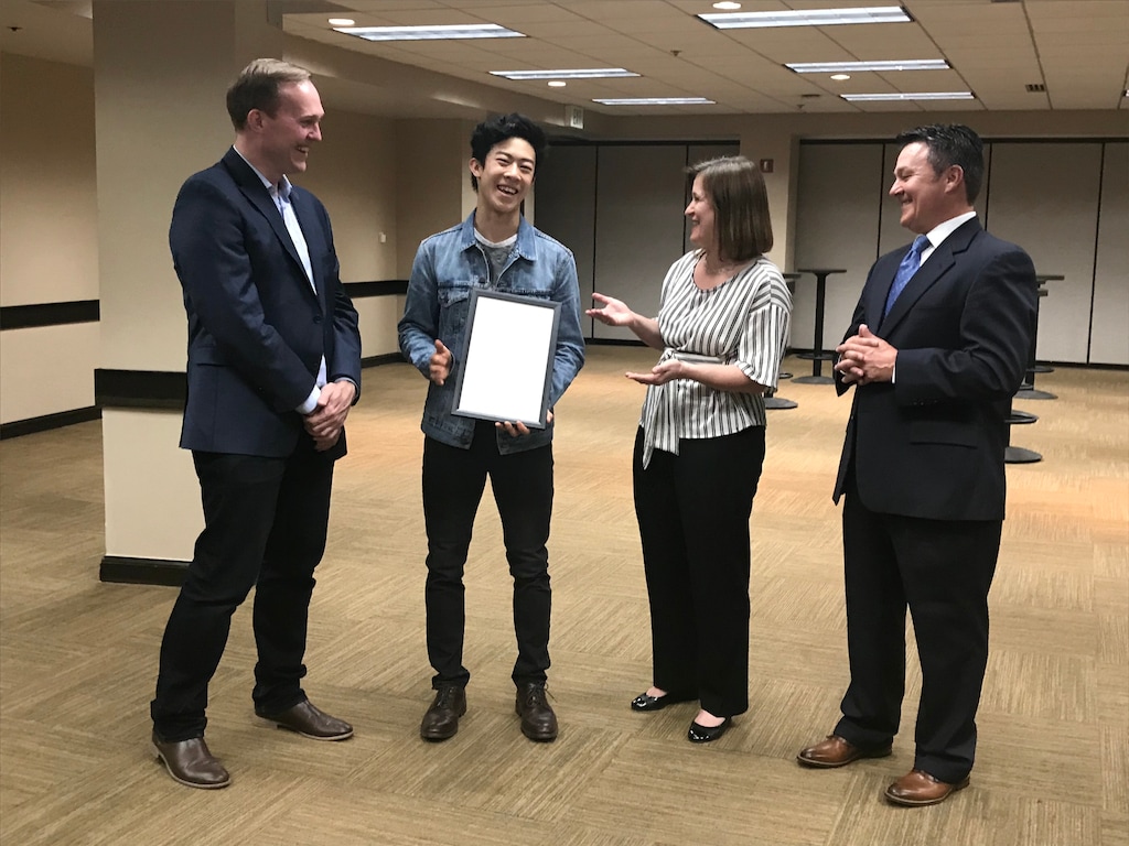 (Christopher Kamrani/The Salt Lake Tribune) 2018 Olympic figure skater and Salt Lake City native Nathan Chen is awarded the proclamation by Salt Lake County officials Wednesday, officially making May 16 as Nathan Chen Day in Salt Lake County. Chen was joined at the Maverik Center in West Valley City by Salt Lake County Mayor Ben McAdams (left) and Salt Lake County council members Michael H. Jensen (right) and Jenny Wilson on May 16, 2018.