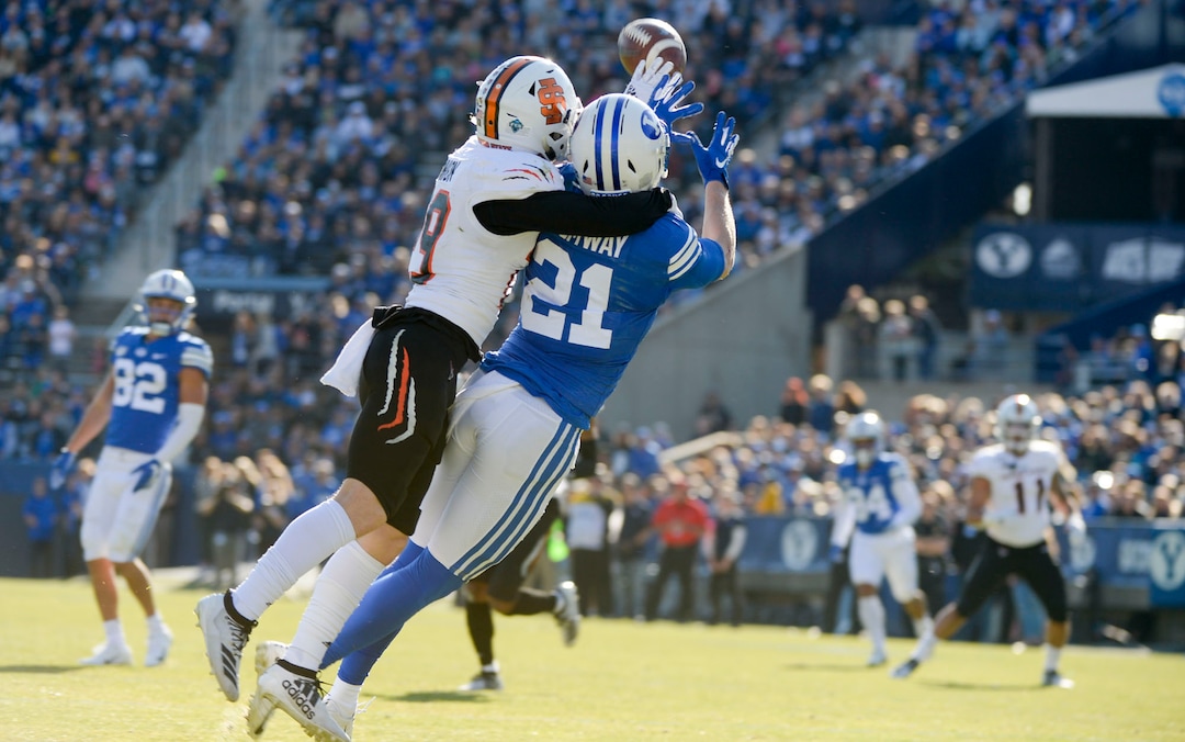 (Leah Hogsten  |  The Salt Lake Tribune) Idaho State Bengals defensive back Colton Bennion (29) blocks a pass intended for Brigham Young Cougars wide receiver Talon Shumway (21)as Brigham Young University takes on Idaho State, Saturday, Nov. 16, 2019 at LaVell Edwards Stadium.