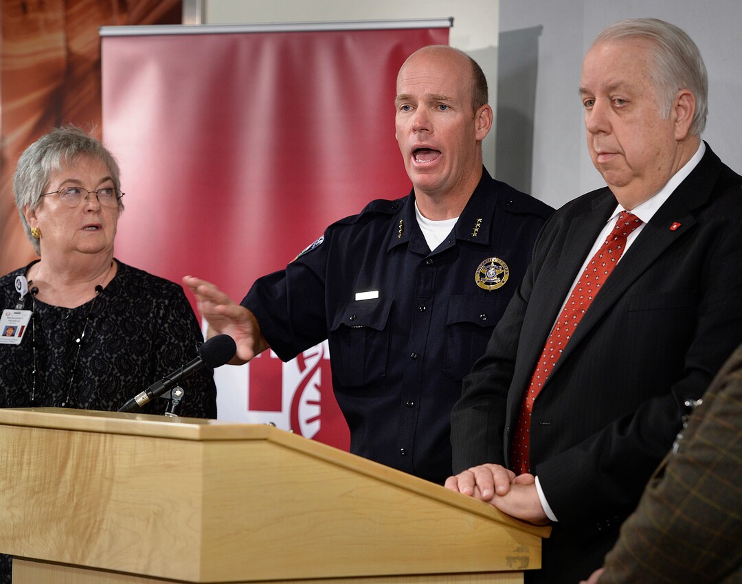 (Scott Sommerdorf   |  The Salt Lake Tribune)   Dale Brophy, University Chief of Police, and director of public safety speaks at a press conference held at the U of U Medical Center regarding policy changes resulting from the arrest of nurse Alex Wubbels, Monday, September 4, 2017. At left is Margaret Pearce, Chief of Nursing, and at right is Gordon Crabtree, CEO of University of Utah Hospital.