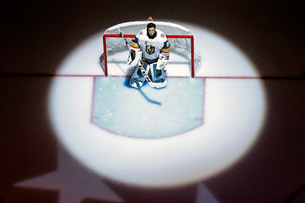 FILE - In this Feb. 6, 2018, file photo, Vegas Golden Knights goaltender Marc-Andre Fleury stands during the National Anthem before an NHL hockey game against the Pittsburgh Penguins, in Pittsburgh. The Vegas Golden Knights seemingly made all the right decisions to turn their expansion season into a special one. Marc-Andre Fleury has made one move look brilliant. No one expected the Pacific Division-leading Golden Knights to be this good this season, building the largest lead by a first-place team with less than a month left in the regular season. (AP Photo/Gene J. Puskar, File)