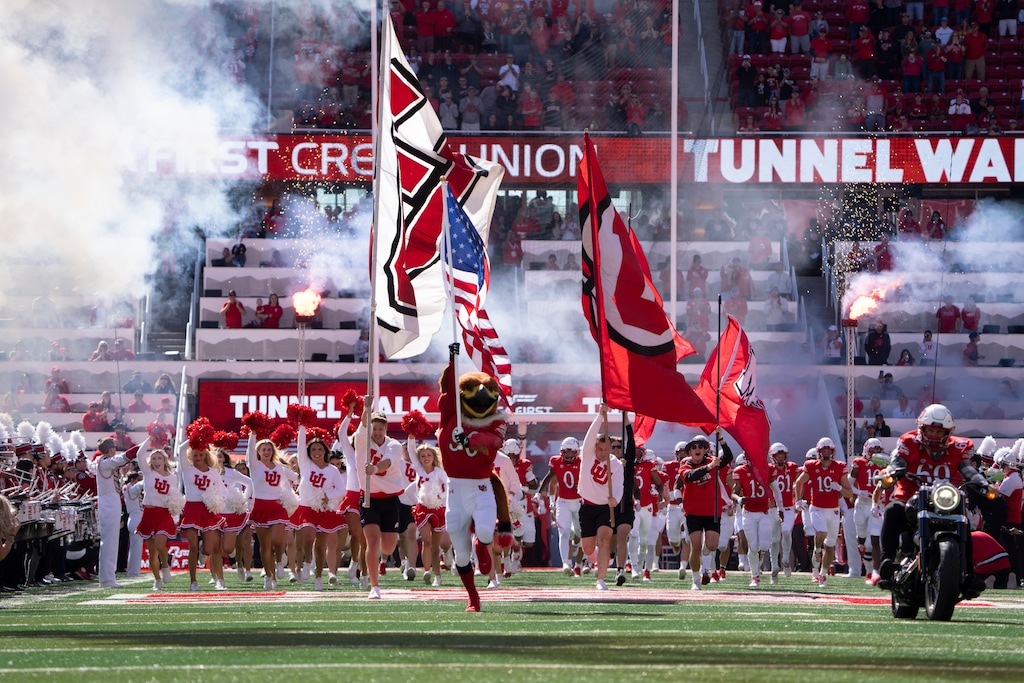 (Rick Egan | The Salt Lake Tribune)  The Utah Utes take the field PAC 12 football action between the Utah Utes and the Oregon State Beavers, at Rice-Eccles Stadium in Salt Lake City, on Saturday, Oct. 1, 2022.