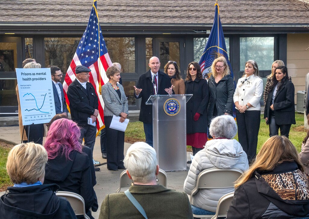(Rick Egan | The Salt Lake Tribune)  Gov. Spencer Cox, joined by state and local officials, announces his budget recommendations for homeless services, at the Atherton Community Treatment Center, on Monday, Dec. 4, 2023.