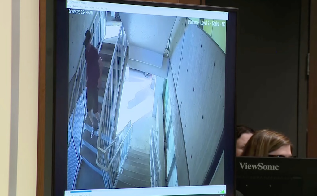 (Pool photo) Surveillance cameras shown in 4th District Court purporting to show Tyler Robinson on the campus of Utah Valley University on Sept. 10, 2025, is shown during a preliminary hearing for Robinson, accused in the shooting death of Charlie Kirk, in Provo on Tuesday, July 7, 2026.