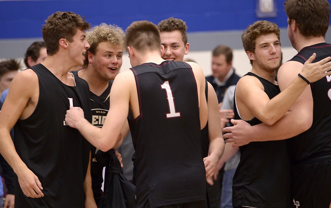 (Leah Hogsten  |  The Salt Lake Tribune)  Lone Peak celebrates the win. Lone Peak High School boys' basketball team defeated Pleasant Grove High School 65-61 during their game Friday, January 26, 2018 in Pleasant Grove. 
