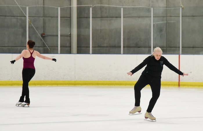 (Francisco Kjolseth  |  The Salt Lake Tribune)  Barb Foley, 71, of Orland Park, Illinois warms up on the ice as part of the 2019 U.S. Adult Figure Skating Championships, now in its 25th year, being held at the SLC Sports Complex. Over 600 skaters between 21 and 80 will compete April 3-6.
