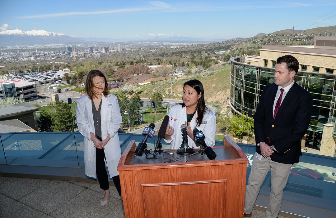 (Francisco Kjolseth  |  The Salt Lake Tribune)  Anne Kirchhoff, PhD, Judy Ou, PhD, cancer epidemiologist at Huntsman Cancer Institute and Doctor Douglas Fair from Primary Children's Hospital, from left, are seen overlooking the Salt Lake valley on Tuesday, March 23, 2019, as they discuss a study conducted by researchers at HCI that indicates air pollution is a health risk for childhood cancer survivors.
