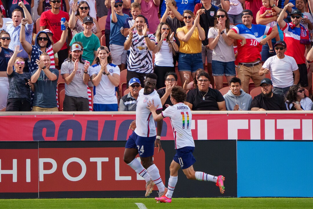 (Trent Nelson  |  The Salt Lake Tribune) United States forward Daryl Dike and United States forward Brenden Aaronson celebrate Dike's goal as the U.S. Men’s National Team (USMNT) faces Costa Rica in a friendly at Rio Tinto Stadium in Sandy on Wednesday, June 9, 2021.