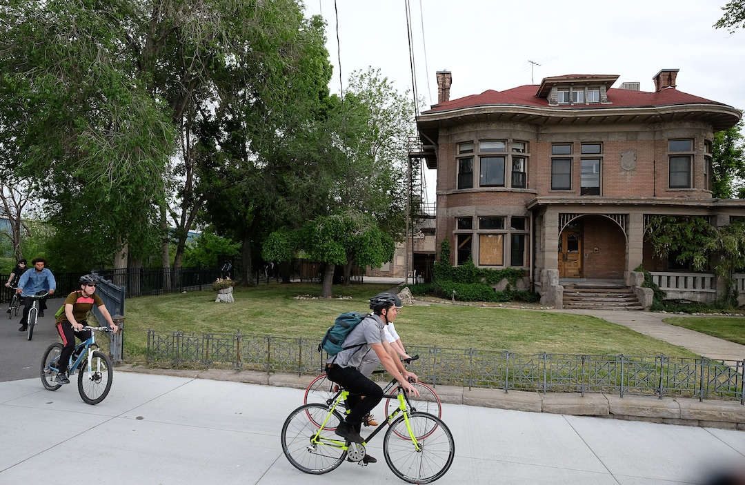 (Francisco Kjolseth  |  The Salt Lake Tribune)  Salt Lake City Mayor Jackie Biskupski is joined by members of the public and city employees on Thursday, May 16, 2019, as part of the annual MayorÕs Bike to Work Day. This yearÕs ride began at the Northwest Recreation Center and ran primarily along the Jordan River Trail in an effort to show off the investments the city and others have made to the trail which passes right by the old Fisher Mansion and carriage house.
