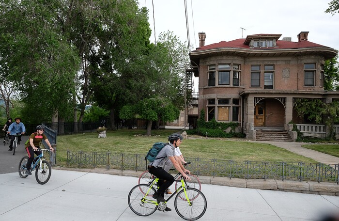 (Francisco Kjolseth | The Salt Lake Tribune) Salt Lake City Mayor Jackie Biskupski is joined by members of the public and city employees on Thursday, May 16, 2019, as part of the annual MayorÕs Bike to Work Day. This yearÕs ride began at the Northwest Recreation Center and ran primarily along the Jordan River Trail in an effort to show off the investments the city and others have made to the trail which passes right by the old Fisher Mansion and carriage house.