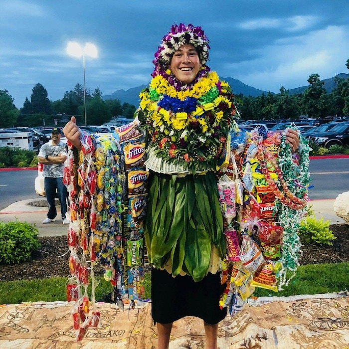 (Courtesy of Simione Malohifo’ou) Finehafo’ou Malohifo’ou graduated from Westlake High School in Utah County last month. He was not allowed to wear leis during the ceremony, and school staff asked him to remove the traditional Tongan ta’ovala cloth he wore under his gown. Pacific Islander students, when allowed, typically wear one or two fresh leis during their graduation to honor their heritage. Relatives then pile more on, in celebration, after the ceremony.