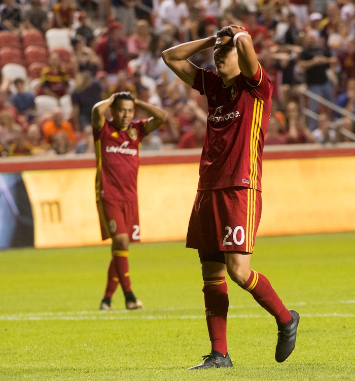 (Rick Egan | The Salt Lake Tribune) Real Salt Lake midfielder Sebastian Saucedo (23) and Real Salt Lake midfielder Luis Silva (20) react as a mother close shot misses the goal, in MLS action, Real Salt Lake Vs. Houston Dynamo, in Sandy, Saturday, August 5, 2017.