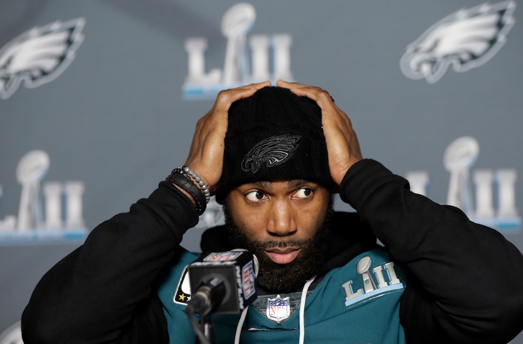 Philadelphia Eagles strong safety Malcolm Jenkins takes part in a media availability for the NFL Super Bowl 52 football game Wednesday, Jan. 31, 2018, in Minneapolis. Philadelphia is scheduled to face the New England Patriots Sunday. (AP Photo/Eric Gay)