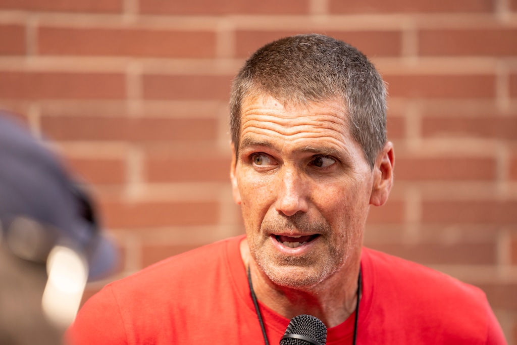 (Rick Egan | The Salt Lake Tribune) University of Utah  Offensive Coordinator, Quarterback coach Andy Ludwig, talks to reporters after practice on Monday, Aug. 15, 2022.