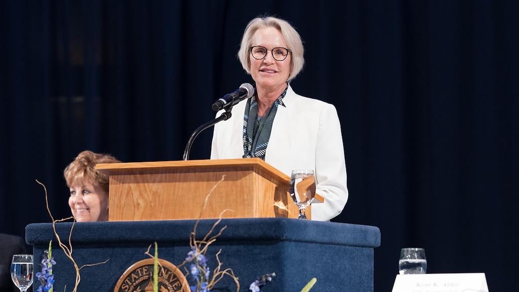 (Utah State University | Levi Sim) Elizabeth Cantwell gives a brief speech following her selection as Utah State University's new president on May 19 at USU. Cantwell started her tenue at Utah State on Aug. 1.