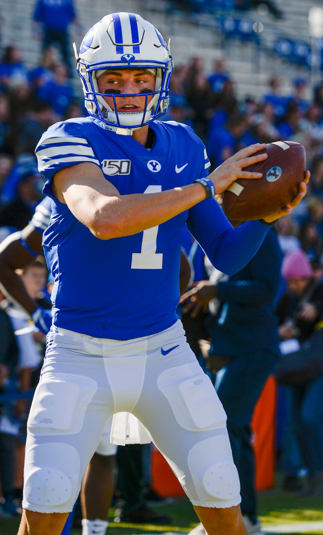 (Leah Hogsten  |  The Salt Lake Tribune) Brigham Young Cougars quarterback Zach Wilson (1) warms up as Brigham Young University takes on Idaho State, Saturday, Nov. 16, 2019 at LaVell Edwards Stadium.