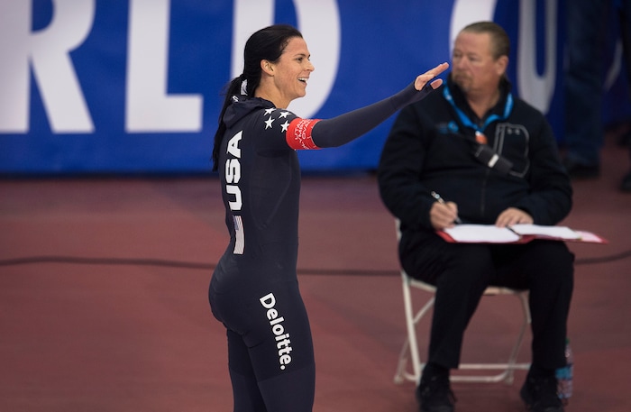 (Scott Sommerdorf | The Salt Lake Tribune)
Brittany Bowe acknowledges the crowd's support after she skated to a 1:13.55 time and 6th place in the ladies 1000 meter race at the long-track speedskating World Cup at the Kearns Olympic Oval, Sunday, December 10, 2017.