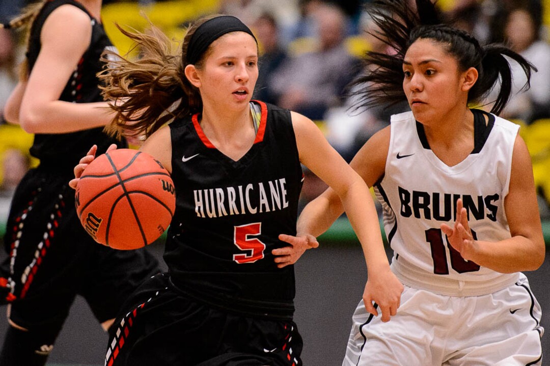 (Trent Nelson | The Salt Lake Tribune)  Hurricane vs. Mountain View, 4A State high school basketball tournament at Utah Valley University in Orem, Thursday March 1, 2018. Hurricane's Kylee Stevens (5) and Mountain View's Sam Eddy (10).