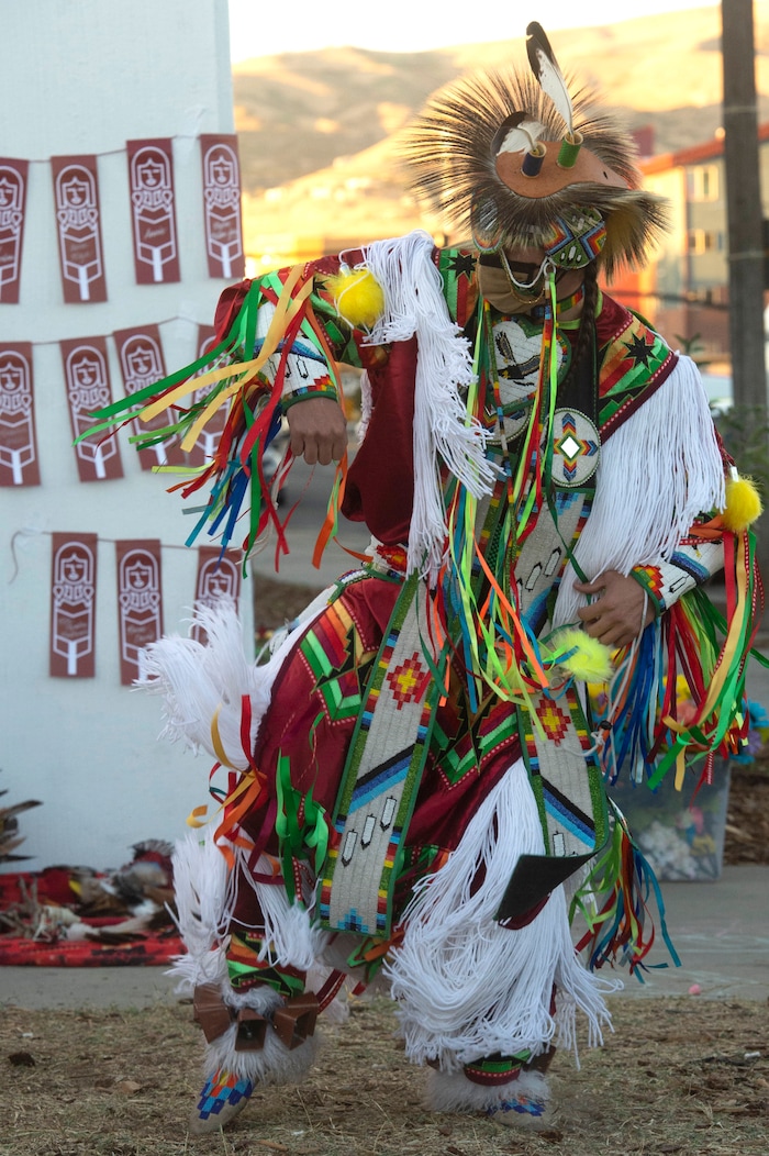 (Rick Egan  |  The Salt Lake Tribune)    Chase Hobson dances at the Indigenous Peoples Day celebration, on Monday, Oct. 12, 2020.