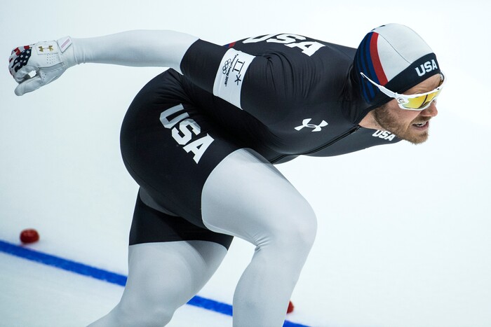 (Chris Detrick  |  The Salt Lake Tribune)  Joey Mantia of the United States competes in the 1,000m at Gangneung Oval during the Pyeongchang 2018 Winter Olympics Friday, Feb. 23, 2018. Mantia finished in 4th place with a time of 1:08.564. 