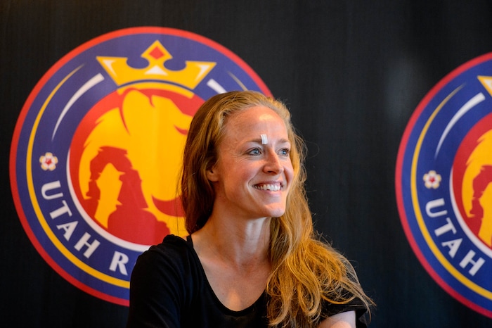 (Trent Nelson | The Salt Lake Tribune)
Utah Royals defender Becky Sauerbrunn speaks about her World Cup experiences at a news conference in Sandy on Wednesday July 17, 2019.