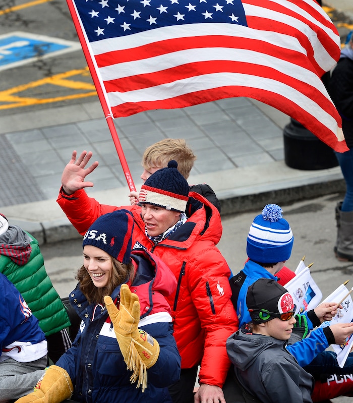 Scott Sommerdorf | The Salt Lake Tribune
Parade Grand Marshal Billy Demong and Nordic Ski Jumper, Abby Ringquist wave as they ride in Park City's Olympic and Paralympic parade down Main Street, Friday, April 6, 2018. The parade celebrates the accomplishments of Park City-based Olympians. Local athletes wrapped up the PyeongChang Winter Games by earning one silver and two bronze medals.