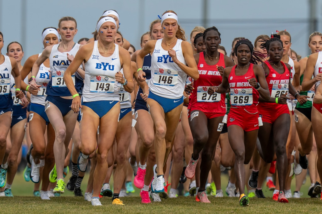 (Rick Egan | The Salt Lake Tribune) BYU runners Riley Chamberlain (143) and Jane Hedengren (146), and New Mexico runner Pamela Kosgei (269) lead the pack at the start of the NCAA cross country regional championships at the Regional Athletic Complex in Salt Lake City, on Friday, Nov. 14, 2025.