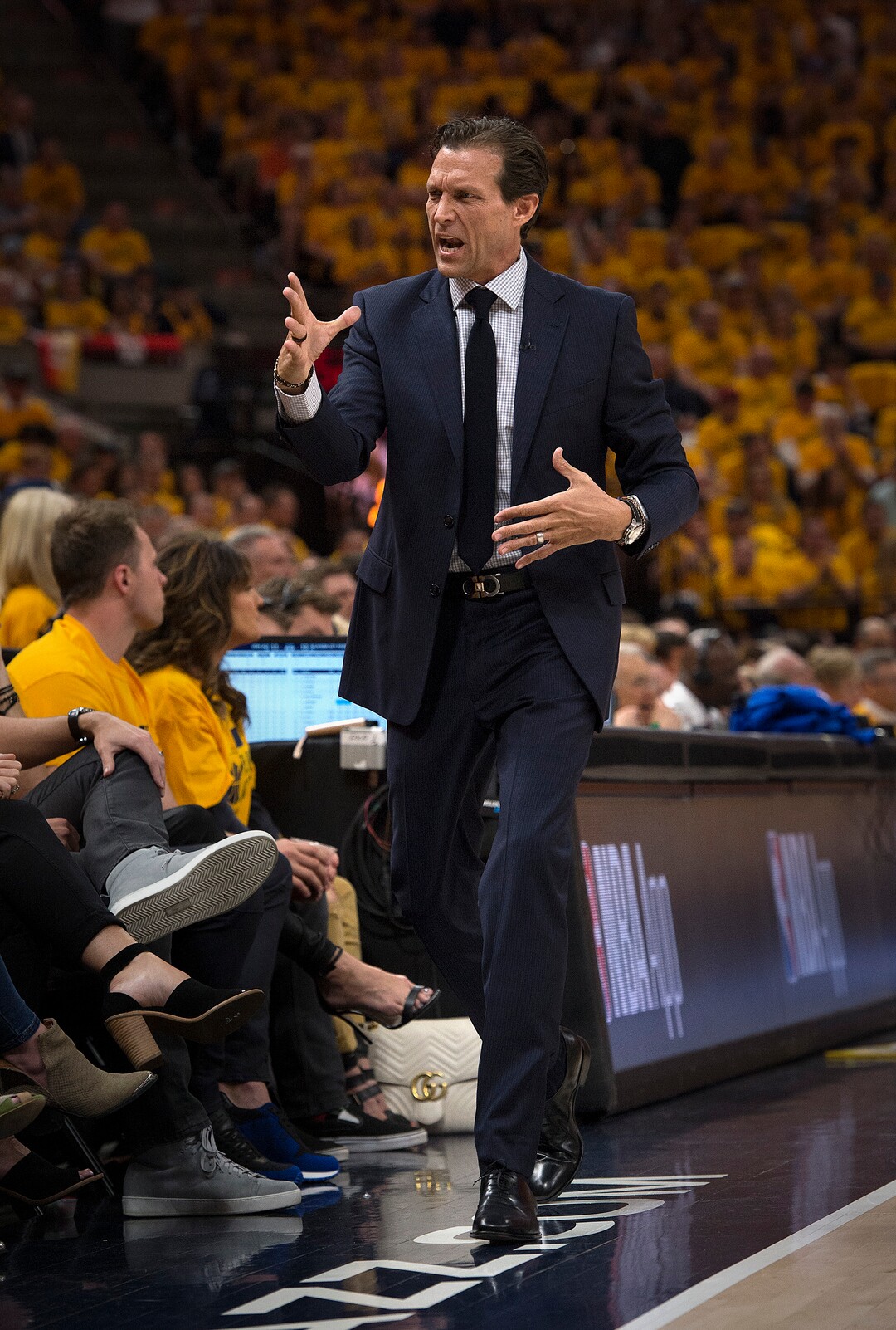 (Scott Sommerdorf | The Salt Lake Tribune)Utah Jazz head coach Quin Snyder reacts to a Thunder 3-point shot during first half play.The Thunder led the Jazz 22-18 at the end of the 1st quarter during Game 6 of the first round playoff game, Friday, April 27, 2018.