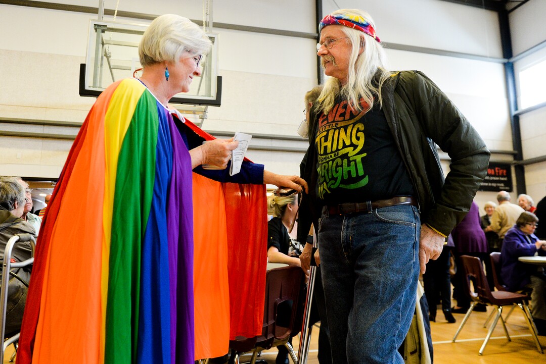 Leah Hogsten  |  The Salt Lake Tribune   l-r  "We're showing solidarity for all God's people," said Lynne Barrett, admiring the fashion statement of fellow church member Jon Jolley. Rev. Rusty Butler and the congregation at Christ United Methodist Church were awash in rainbows during Sunday services, March 3, 2019 in a show of solidarity for its LGBTQ members.  Last week in St. Louis, international delegates for the UMC voted to continue the faith’s ban on same-sex weddings and ordination of LGBTQ clergy.  Many pastors and congregations in Utah and the U.S. were disappointed by the vote, which could ultimately cause a split in the ranks.
