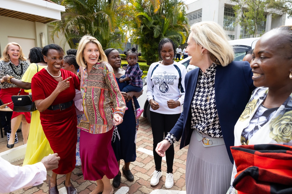 (The Church of Jesus Christ of Latter-day Saints)
Relief Society General President Camille N. Johnson and then-Young Women General President Bonnie H. Cordon receive a warm welcome from Latter-day Saint women at a meetinghouse in Nairobi, Kenya, in February 2023.