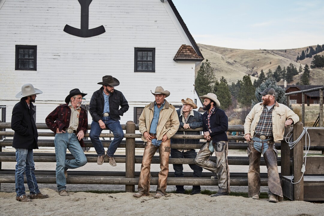 (Photo: Paramount Network) Ryan Bingham, Forrie Smith, Cole Hauser, Kevin Costner, Jefferson White, Denim Richards and Luke Peckinpah star in “Yellowstone.”