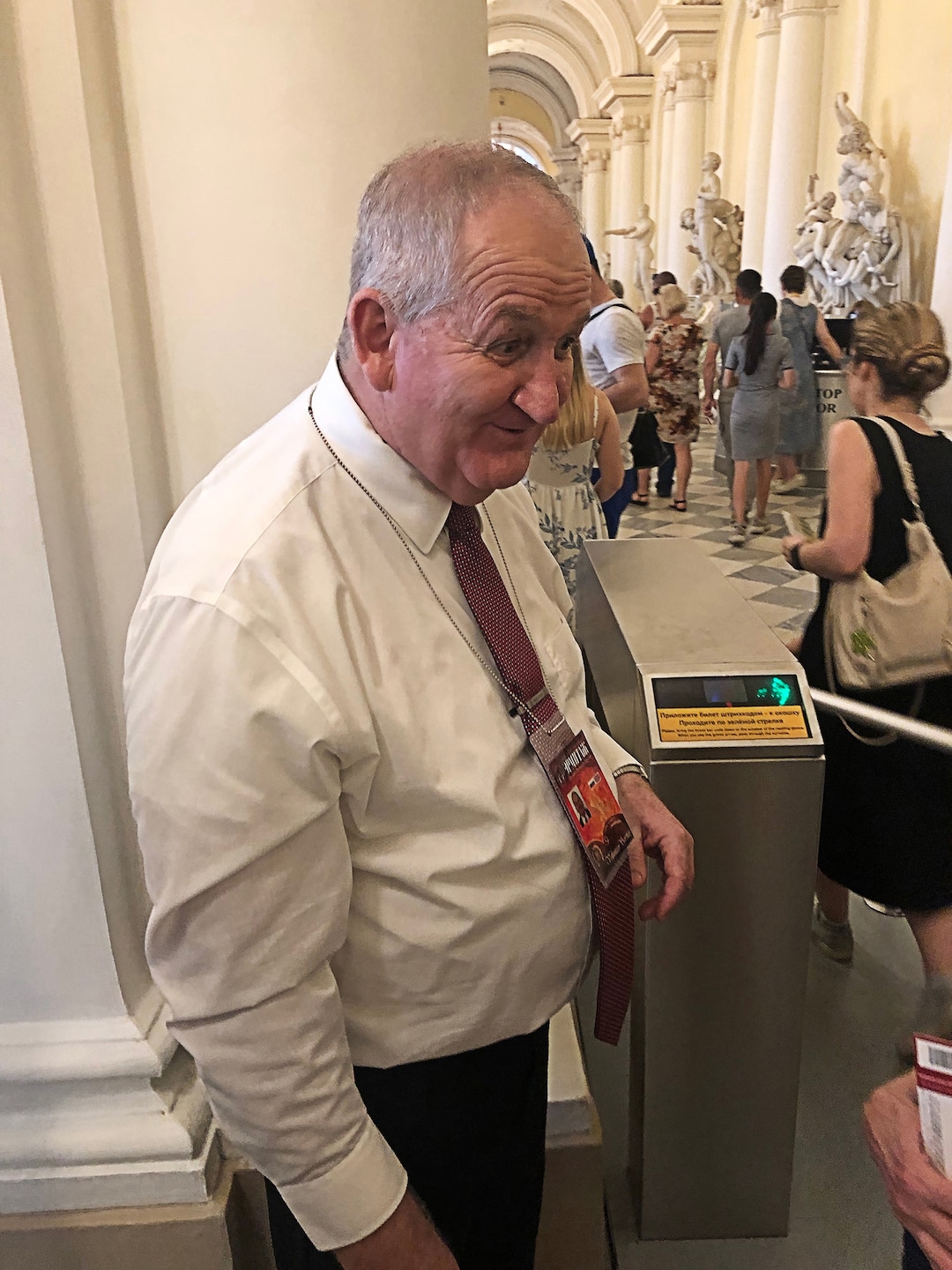 (Michael Stack  |  Special to The Salt Lake Tribune) LDS Church “volunteer” Max Wood from Delta, Utah, helps guests at the famed State Hermitage Museum in St. Petersburg.