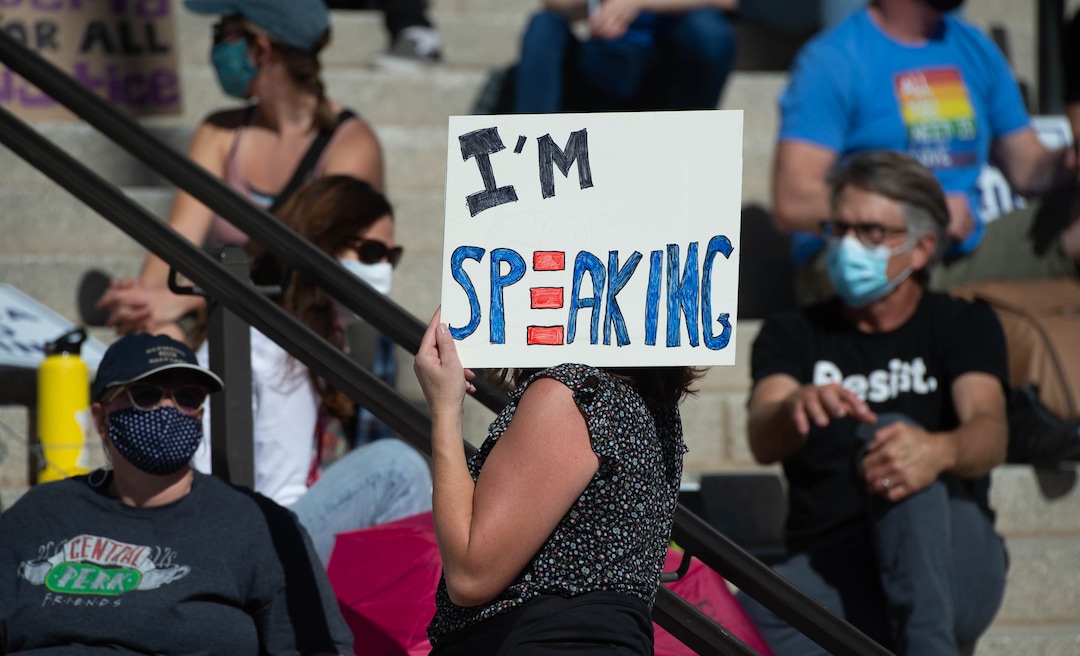 (Francisco Kjolseth  |  The Salt Lake Tribune) Demonstrators gather in Salt Lake City, uniting with Women’s March rallies happening in Washington D.C. and around the country on Saturday, Oct. 17, 2020, to signal their opposition to President Donald Trump and his agenda, including his push to fill the seat of late Supreme Court Justice Ruth Bader Ginsburg before election day.