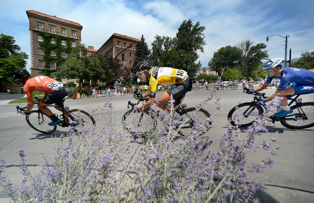 (Scott Sommerdorf   |  The Salt Lake Tribune)   Canadian Tour of Utah winner Robert Britton, center, makes the turn for 1300 E onto South Temple during the 7th lap. Britton is the winner of the 2017 Tour of Utah, Sunday, August 6, 2017.  