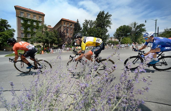 (Scott Sommerdorf   |  The Salt Lake Tribune)   Canadian Tour of Utah winner Robert Britton, center, makes the turn for 1300 E onto South Temple during the 7th lap. Britton is the winner of the 2017 Tour of Utah, Sunday, August 6, 2017.  